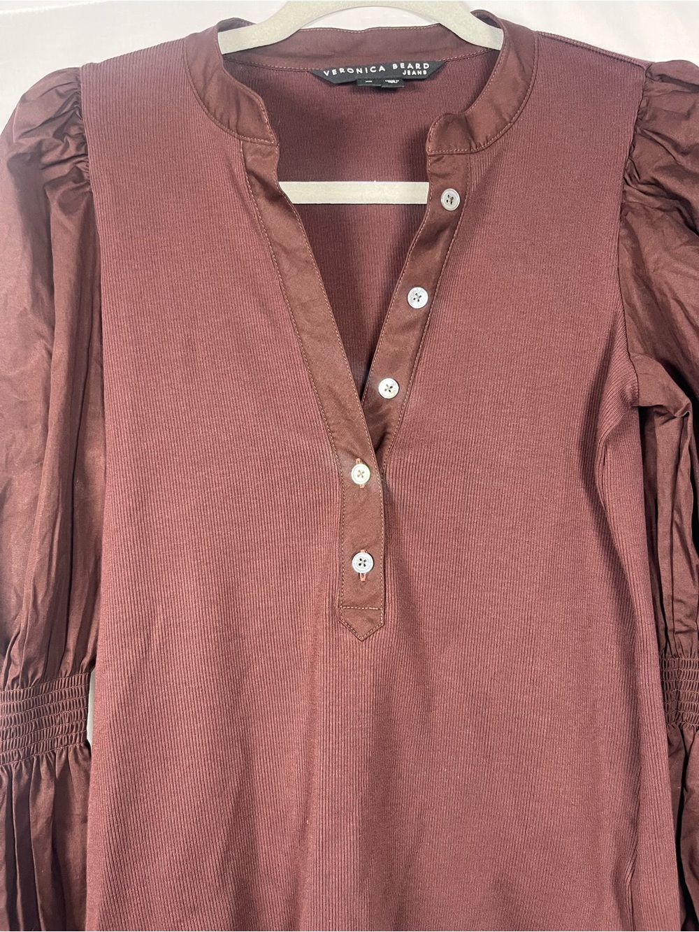 Veronica beard effy puff sleeve brown Pima cotton ribbed top oxblood sz xs euc - Picture 5 of 7